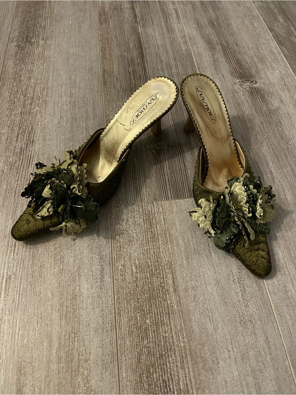 Olive Green Floral Embellished Pointed Mules